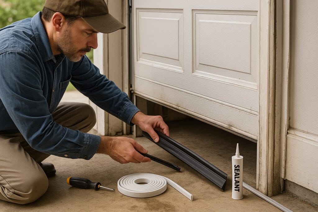 7 Garage Door Maintenance Myths That Are Wasting Your Time 4 Homeowner conducting garage door maintenance by installing new weather stripping and sealant to improve insulation and prevent drafts.