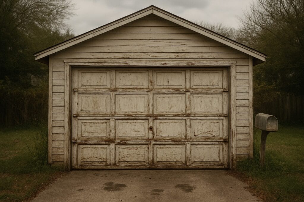 Top Signs You Need a Garage Door Replacement in Bellaire, TX 4 Old, weathered garage door with peeling paint and rust needing garage door replacement
