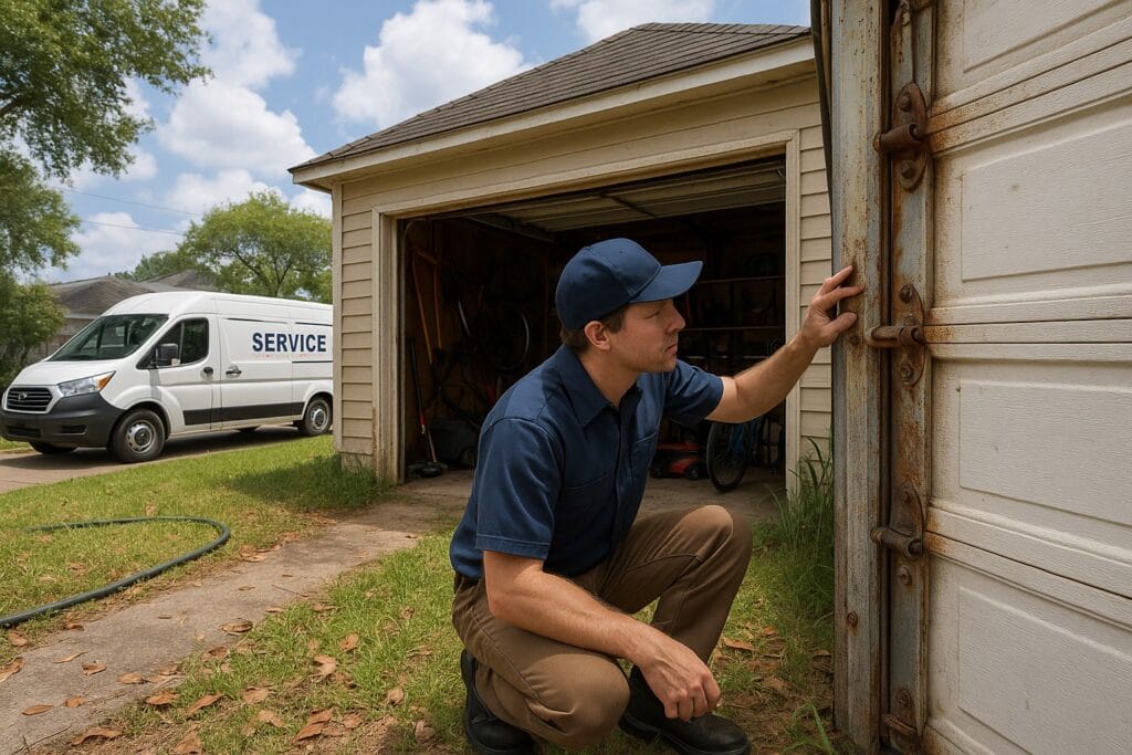 Bellaire Homeowners: Why It’s Crucial to Repair Garage Door Before Major Weather Events 3 Technician inspecting a rusty garage door hinge to repair garage door and restore safe operation.