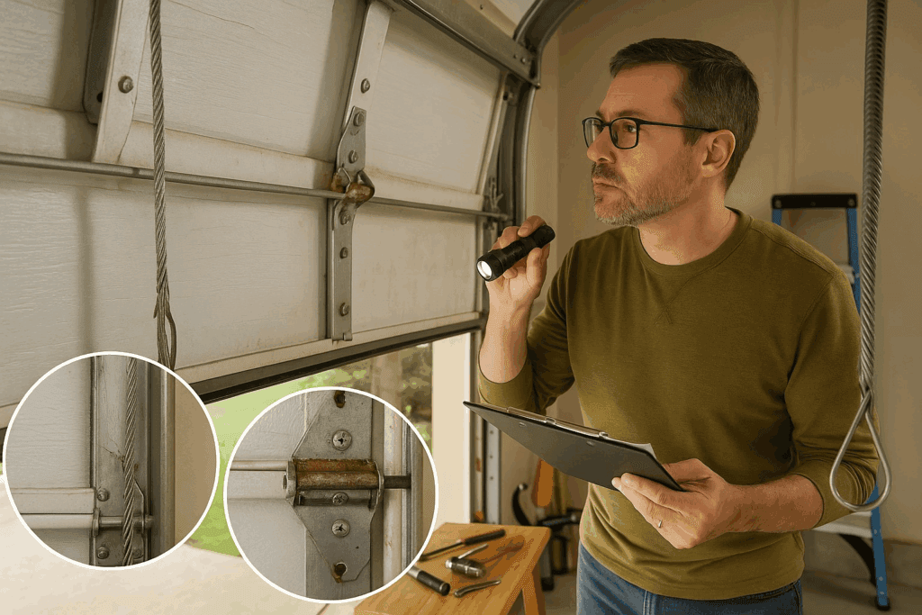 Garage Door Repairs in Bellaire, TX: What to Know Before You Call 4 Inspector checking worn cables and rusted hardware during garage door repairs.