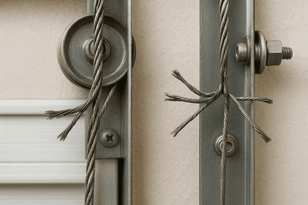 Garage Door Repairs in Bellaire, TX: What to Know Before You Call 3 Frayed and broken lift cables showing need for urgent garage door repairs.
