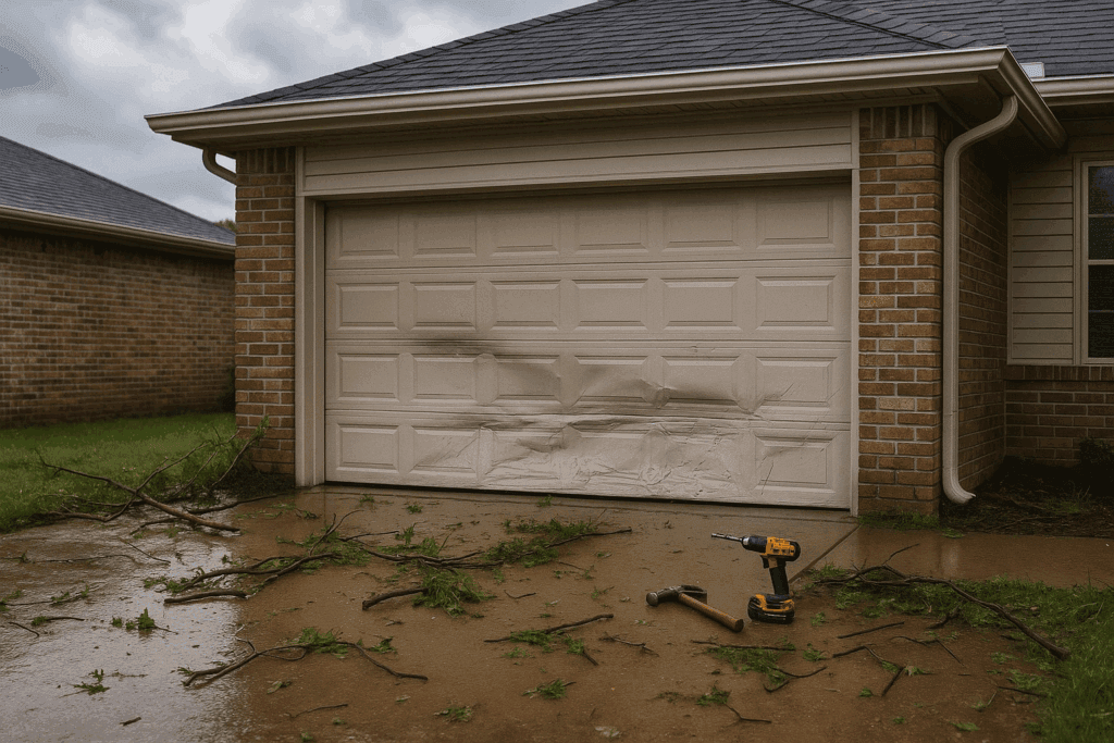 Bellaire Homeowners: Why It’s Crucial to Repair Garage Door Before Major Weather Events 2 Garage door dented and damaged by storm debris with tools on the ground, showing urgent need to repair garage door.