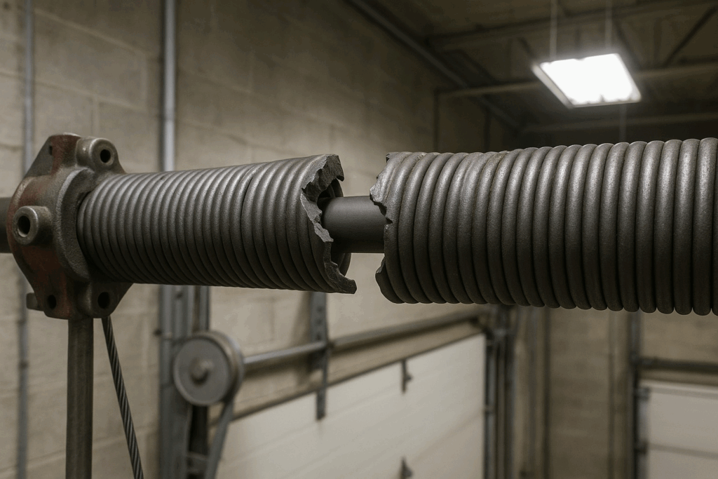 Why Bellaire, TX Businesses Prioritize Commercial Garage Door Repair for Daily Operations 2 Close-up of broken torsion spring needing urgent commercial garage door repair.