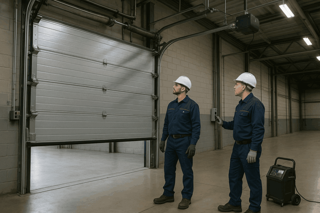 Why Bellaire, TX Businesses Prioritize Commercial Garage Door Repair for Daily Operations 3 Technicians in safety gear inspecting automated commercial garage door system during operation.