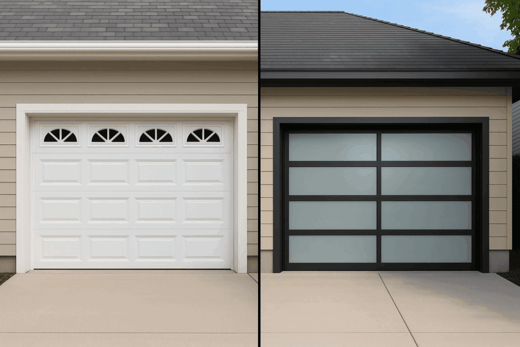 Garage Door Types in Bellaire, TX: Blending Classic Homes With Modern Designs 3 traditional and modern garage doors side by side on suburban homes.