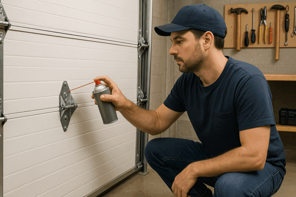 Garage Door Types in Bellaire, TX: Blending Classic Homes With Modern Designs 4 Technician lubricating hinges on modern garage doors during maintenance.