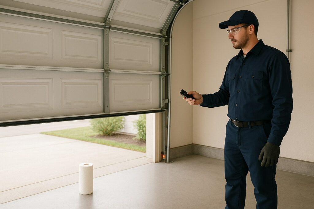 Garage Door Maintenance in Bellaire, TX: Trusted Services for Longevity and Safety 4 Technician performing a Garage Door Maintenance inspection, testing the automatic opener and safety sensors inside a residential garage.
