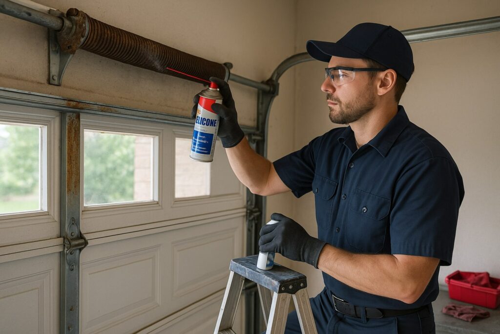 Garage Door Maintenance in Bellaire, TX: Trusted Services for Longevity and Safety 3 Technician performing Garage Door Maintenance by applying lubricant to the torsion spring for smooth and safe operation.