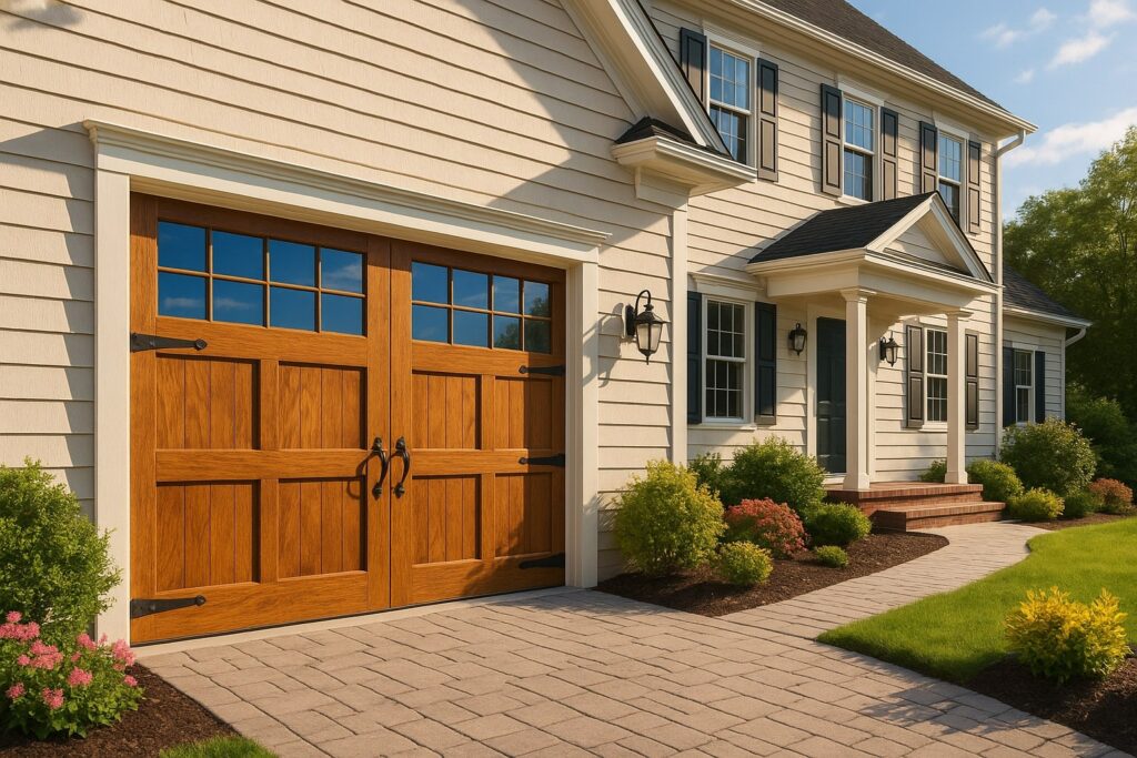Garage Door Tune-Up Tips and Best Practices in Bellaire, TX 4 Beautiful residential home with a wooden carriage-style door after a professional garage door tune-up, enhancing curb appeal and performance.