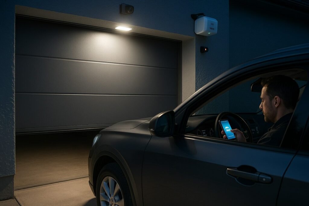 A driver uses a smartphone app to open automatic garage doors at night as exterior security lights illuminate the entrance.